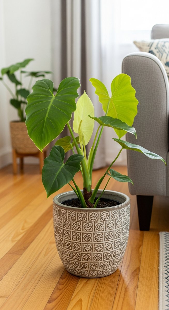 a philodendron plant in a decorative pot on a wooden floor