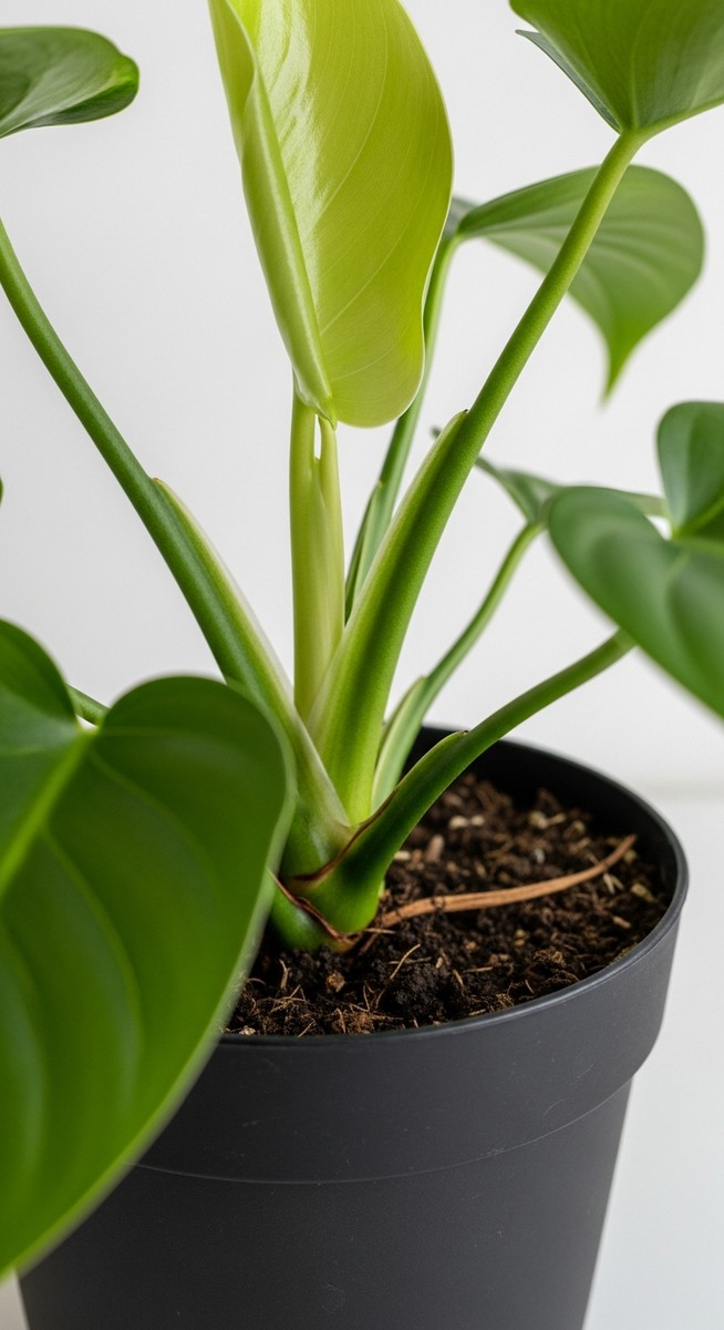 close-up of the base and lower leaves of a philodendron plant, for philodendron dark lord