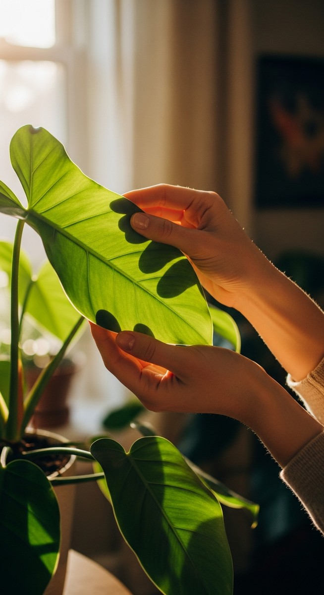 hands touching the leaves of a healthy philodendron plant