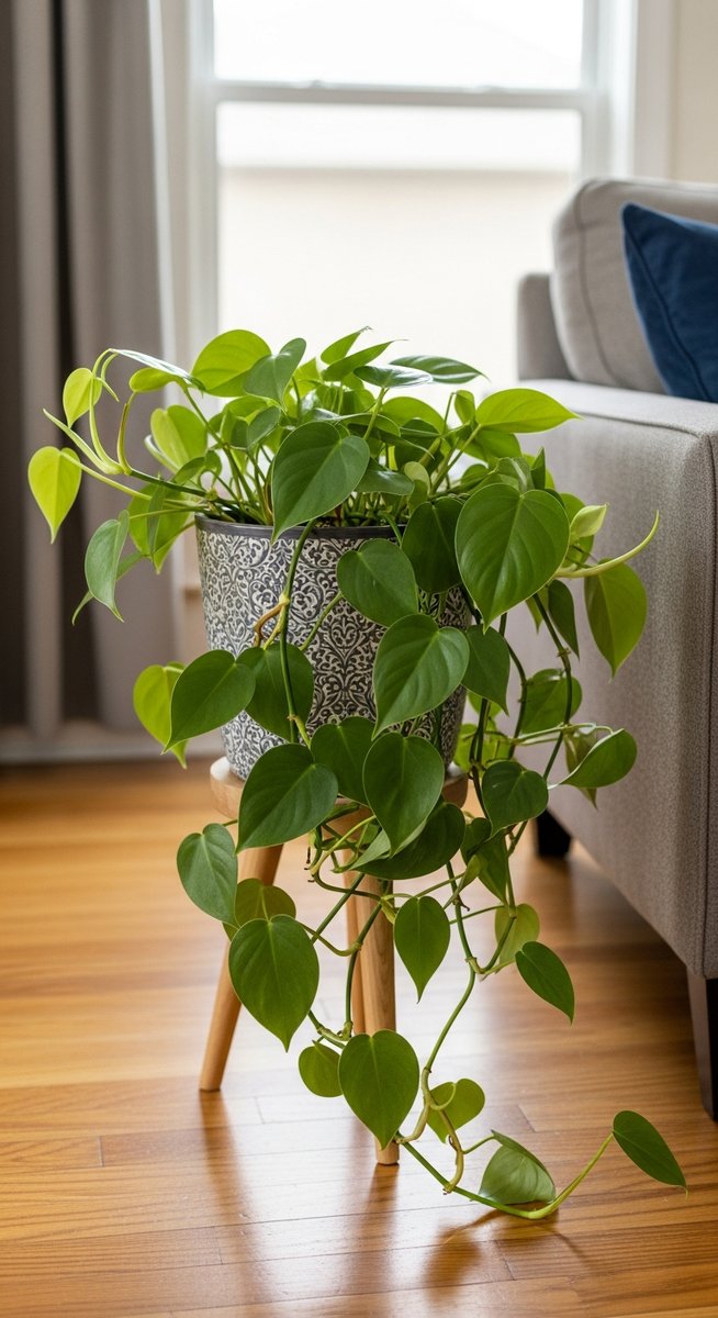 a philodendron plant in a decorative pot on a wooden floor