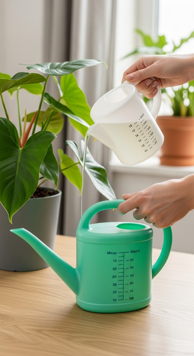 hands adding liquid fertilizer to a watering can next to a philodendron plant