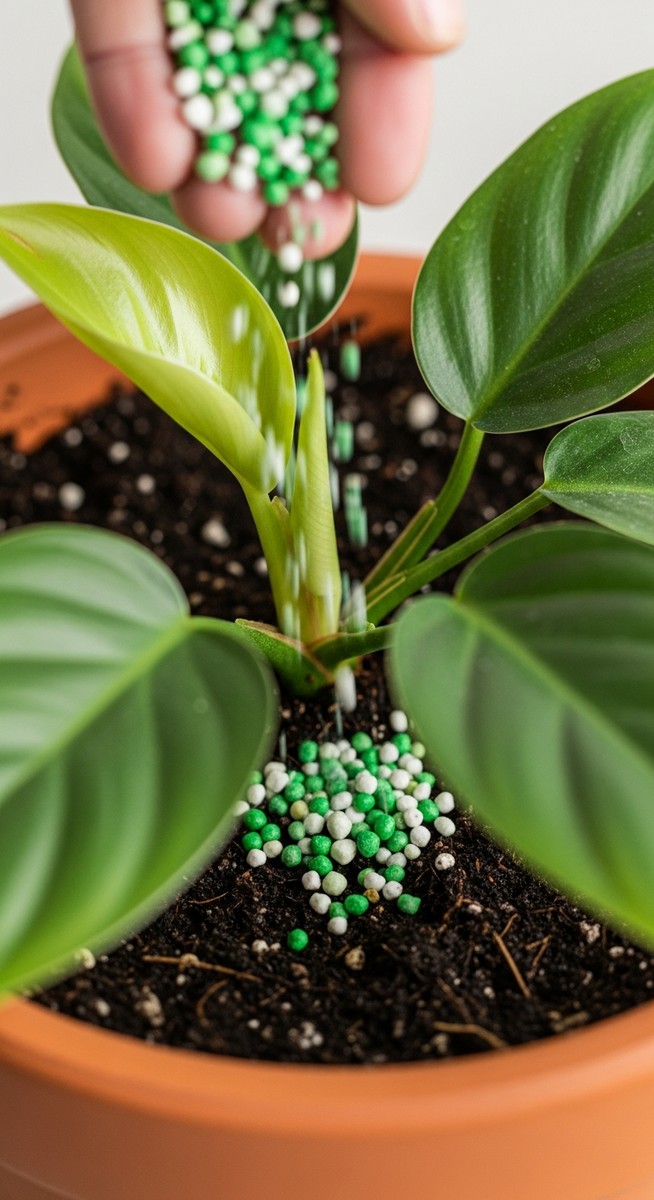 close-up of fertilizer granules being added to the soil of a philodendron plant, for philodendron fertilizer