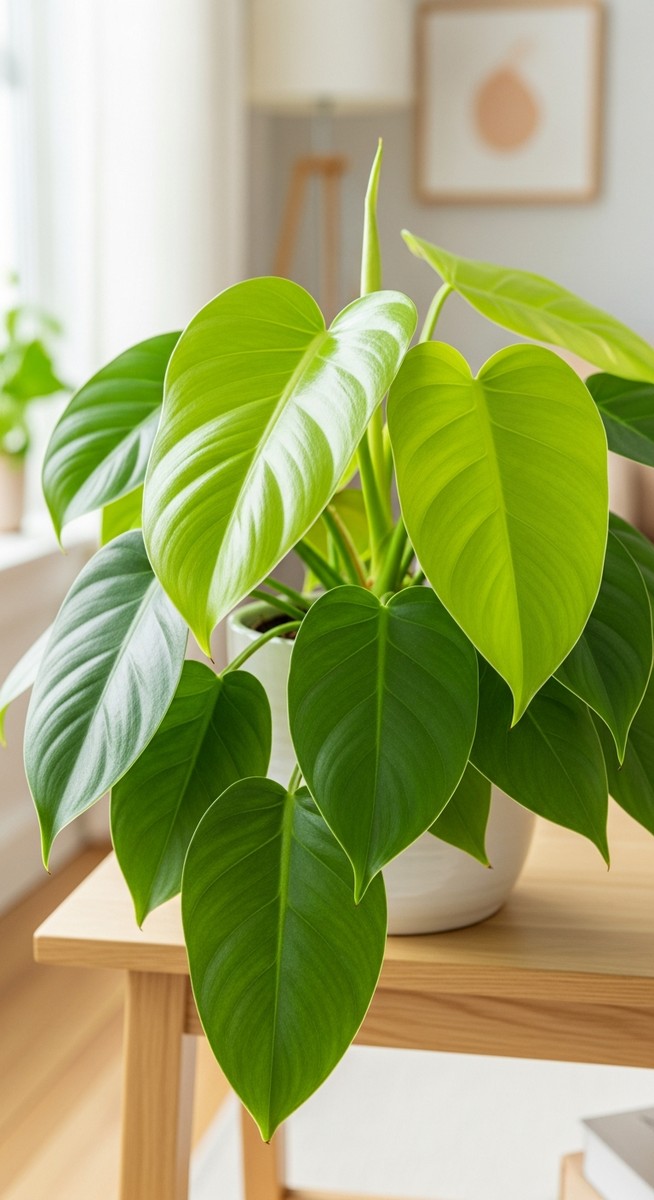 a healthy well-fertilized philodendron plant with lush green leaves