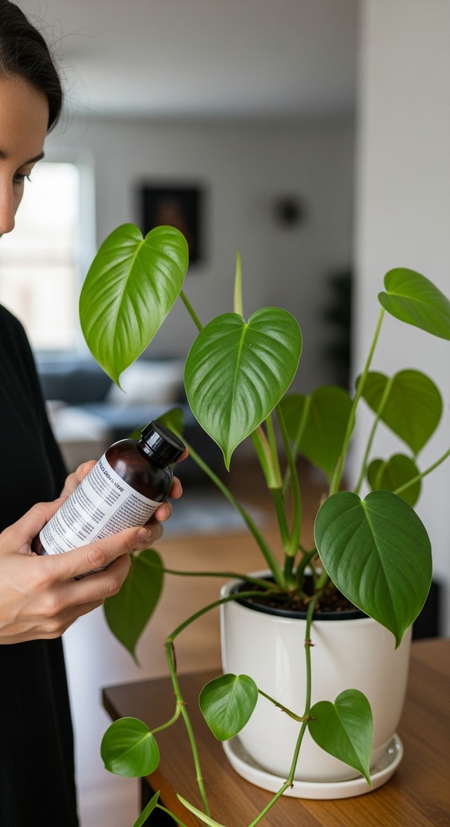 a person reading a fertilizer label standing next to a philodendron plant, for philodendron fertilizer