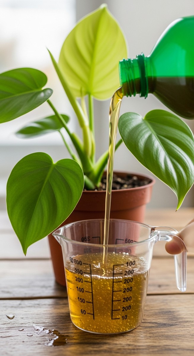 close-up of liquid fertilizer being measured next to a philodendron plant