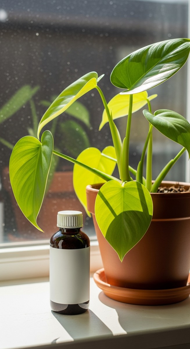a fertilizer bottle placed next to a thriving philodendron plant on a windowsill