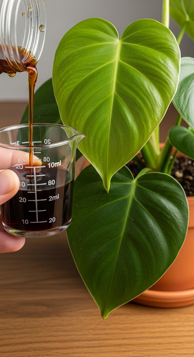 close-up of liquid fertilizer being measured next to a philodendron plant