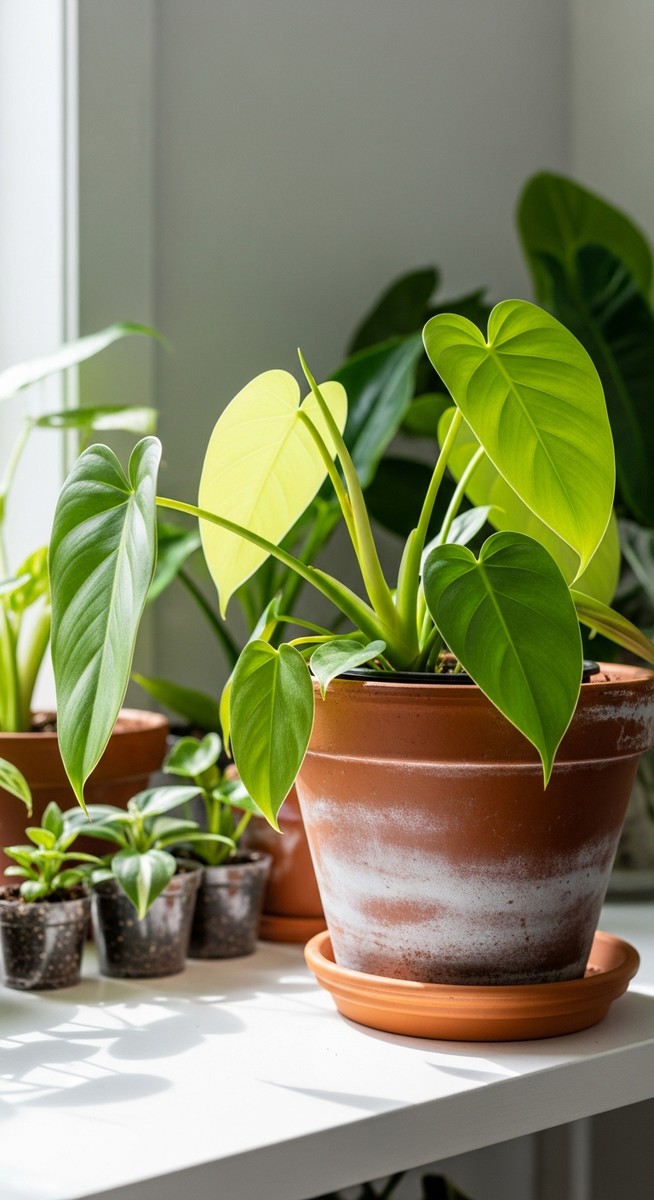 a lush philodendron plant in a terracotta pot on a white shelf