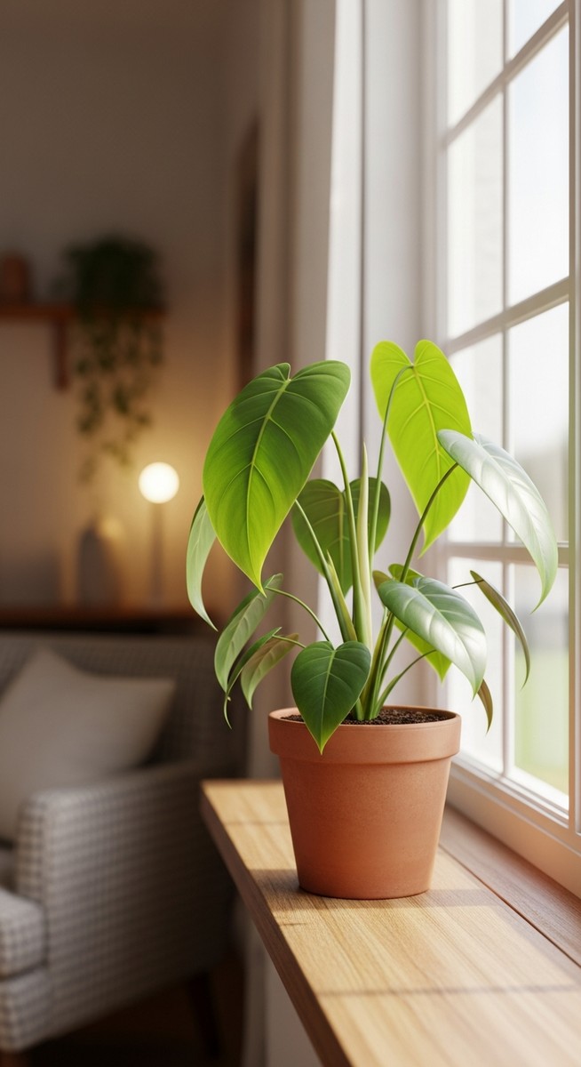 a philodendron plant in a pot near a bright window