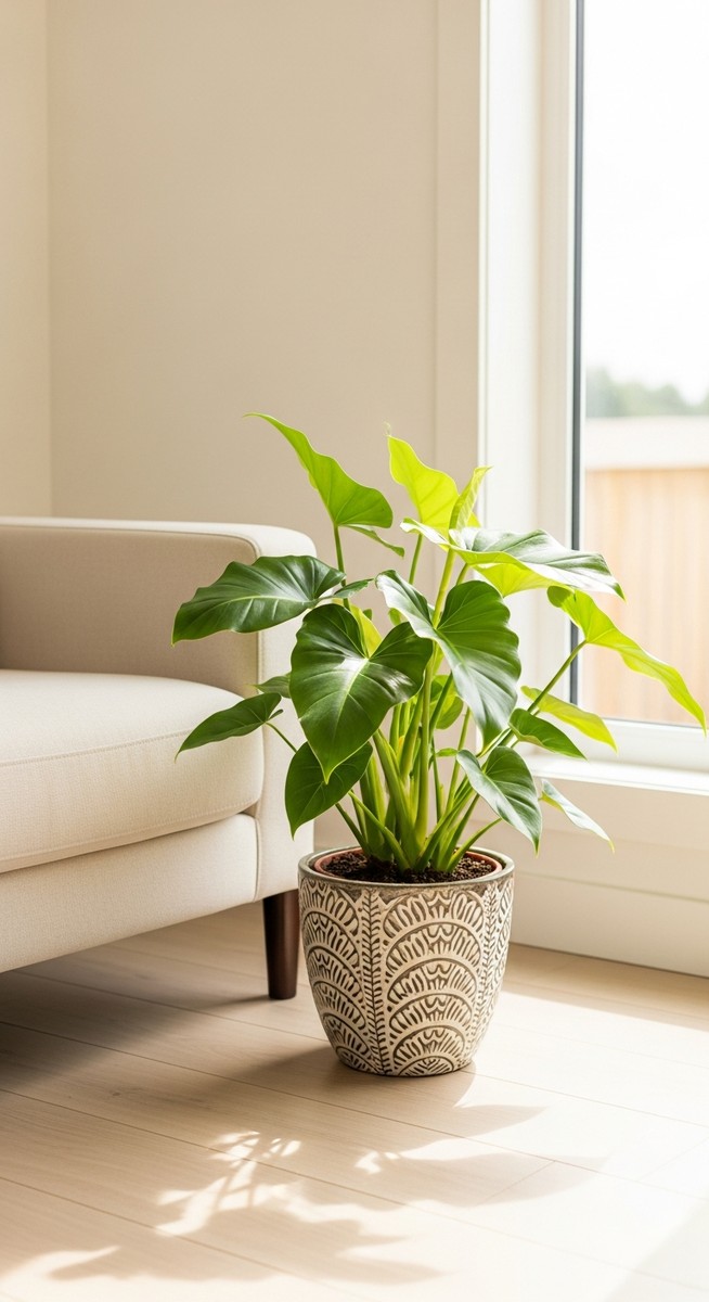 a philodendron plant in a decorative pot on a wooden floor