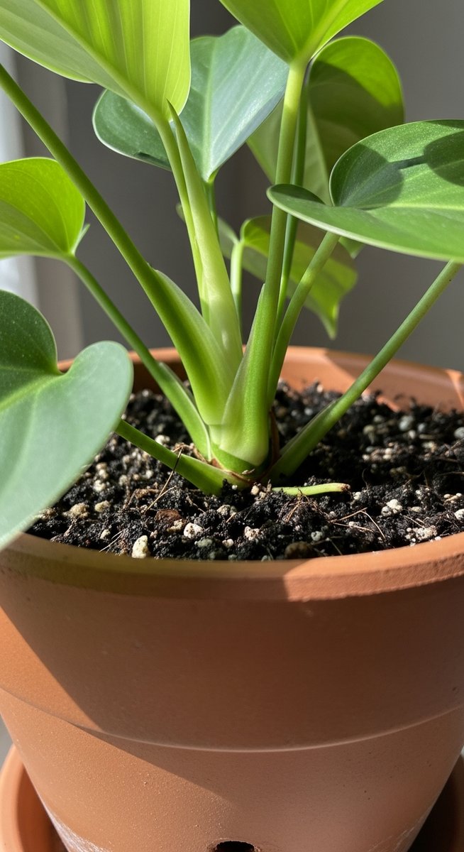 close-up of the base and lower leaves of a philodendron plant, for philodendron flowers