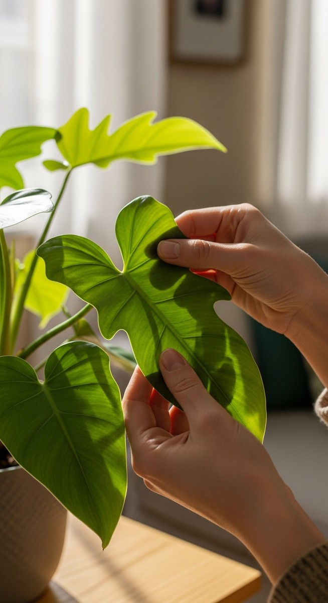 hands touching the leaves of a healthy philodendron plant
