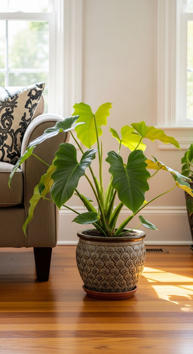 a philodendron plant in a decorative pot on a wooden floor