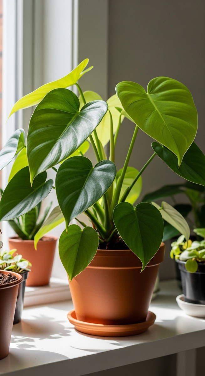 a lush philodendron plant in a terracotta pot on a white shelf