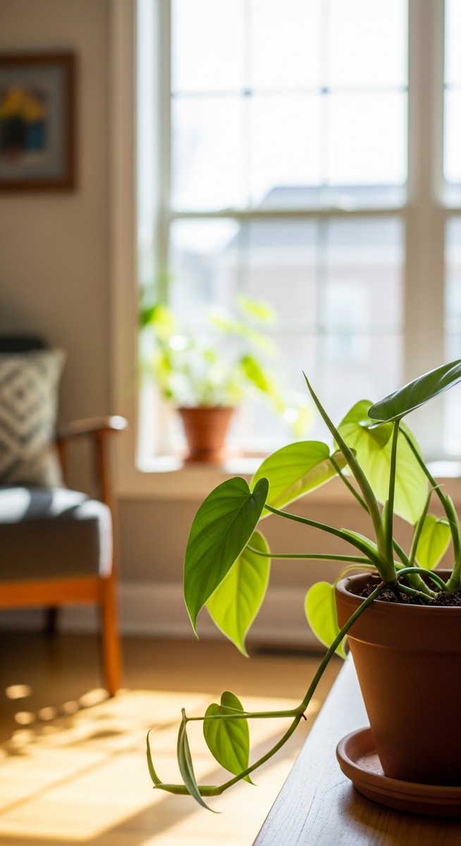 a philodendron plant in a pot near a bright window