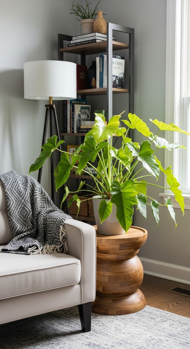a large thriving philodendron plant as a living room focal point, for philodendron giganteum