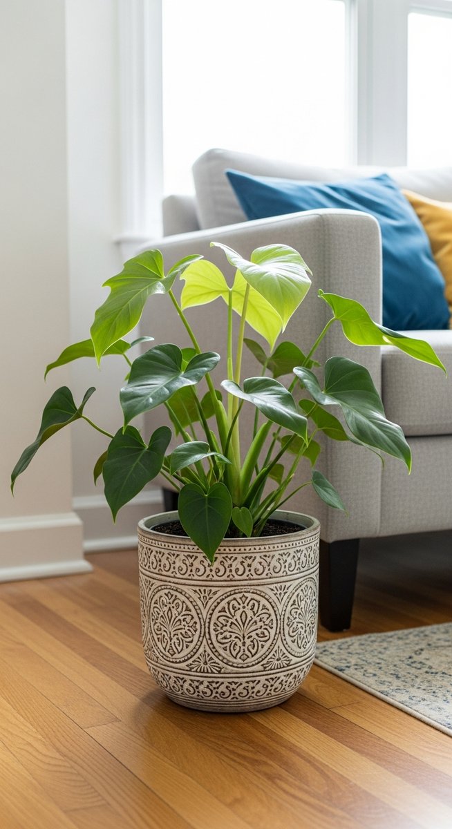 a philodendron plant in a decorative pot on a wooden floor