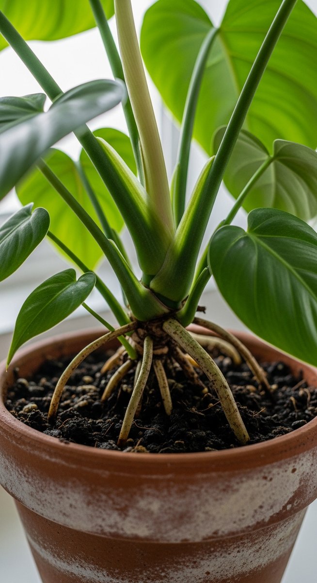 close-up of the base and lower leaves of a philodendron plant, for philodendron giganteum