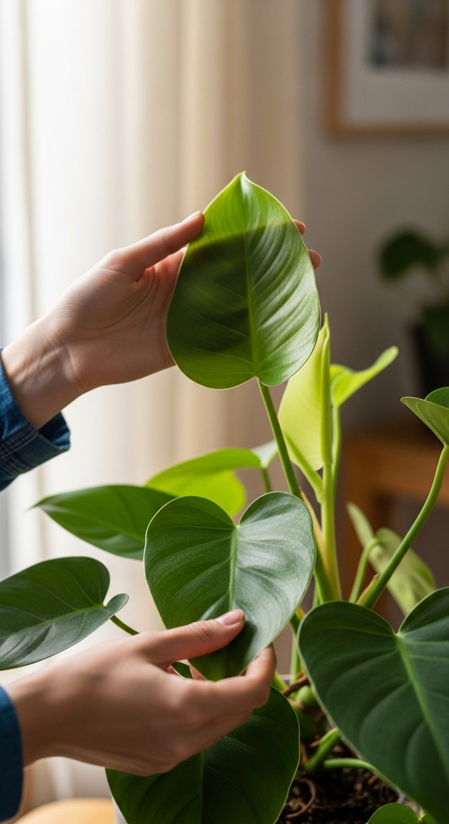 hands touching the leaves of a healthy philodendron plant