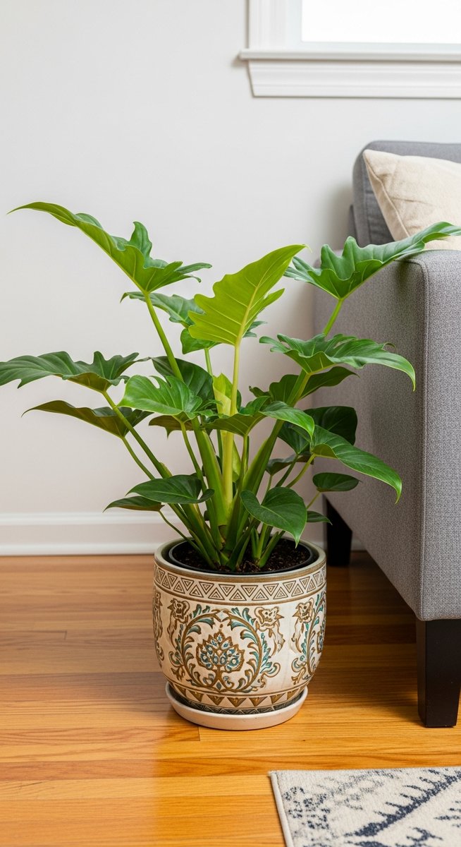 a philodendron plant in a decorative pot on a wooden floor