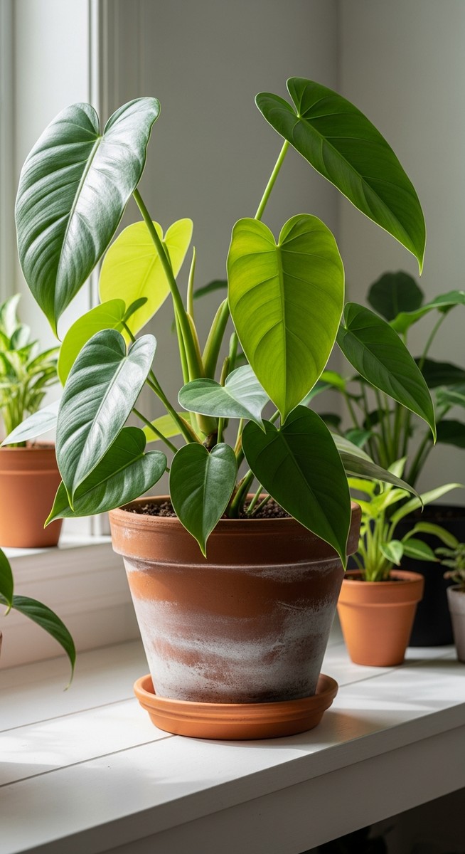 a lush philodendron plant in a terracotta pot on a white shelf