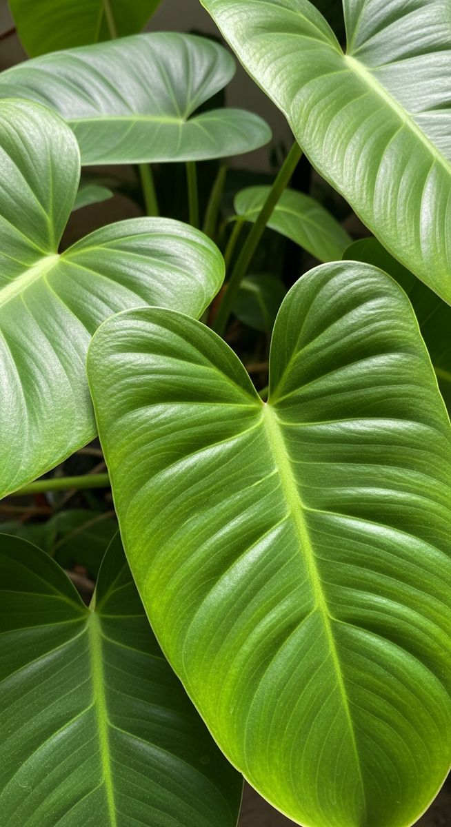 close-up of healthy philodendron leaves showing vivid colour and texture, for philodendron gloriosum