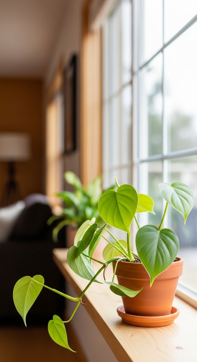 a philodendron plant in a pot near a bright window