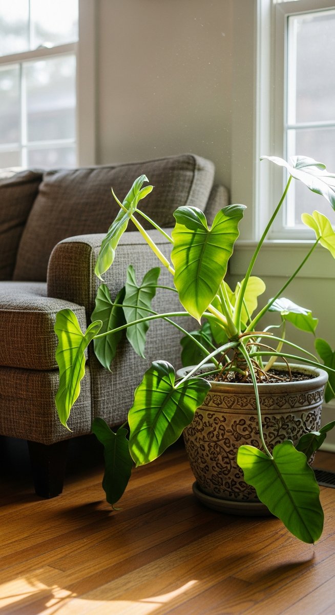 a philodendron plant in a decorative pot on a wooden floor