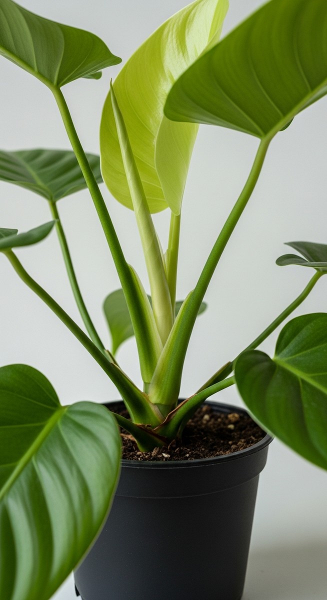 close-up of the base and lower leaves of a philodendron plant, for philodendron gloriosum