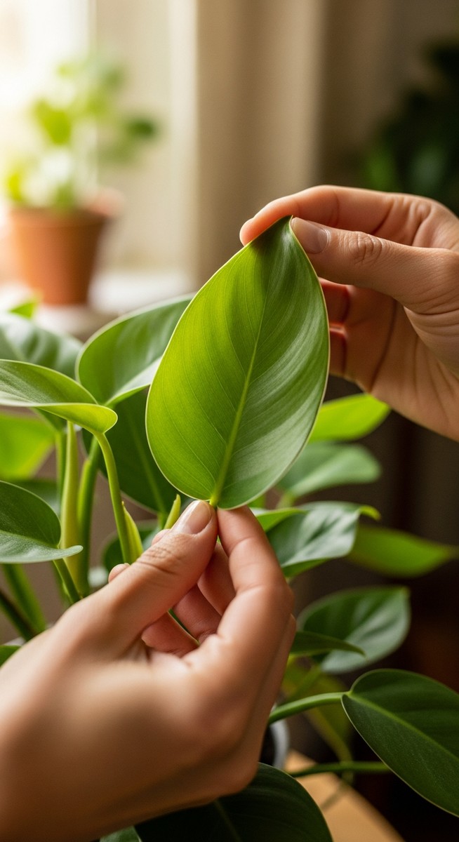 hands touching the leaves of a healthy philodendron plant