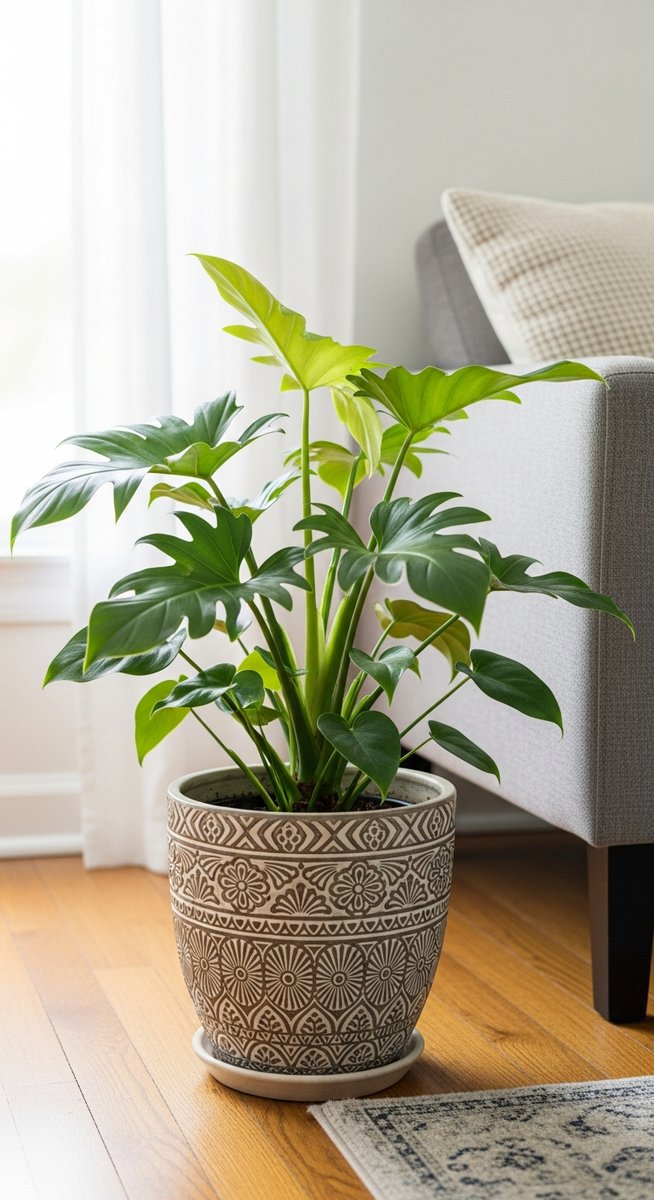 a philodendron plant in a decorative pot on a wooden floor