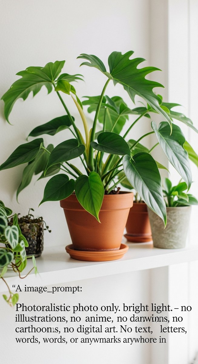 a lush philodendron plant in a terracotta pot on a white shelf