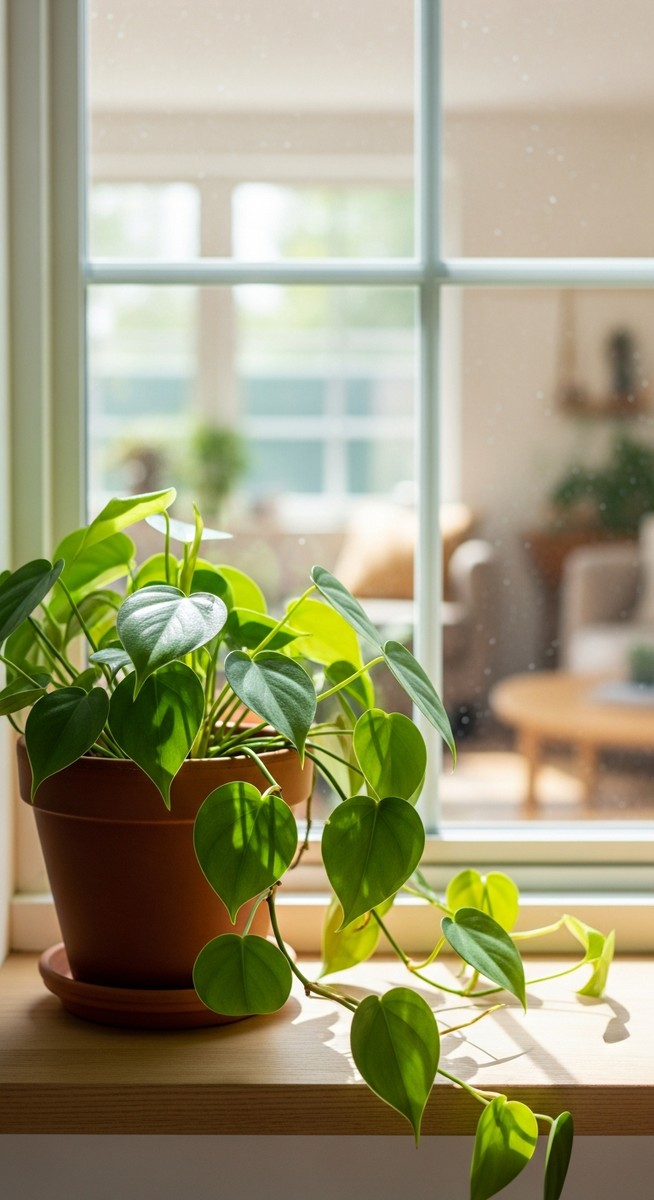 a philodendron plant in a pot near a bright window