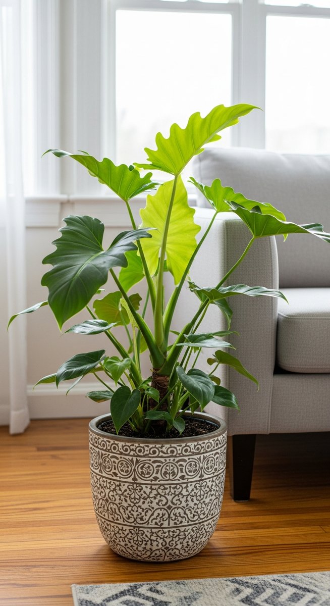 a philodendron plant in a decorative pot on a wooden floor