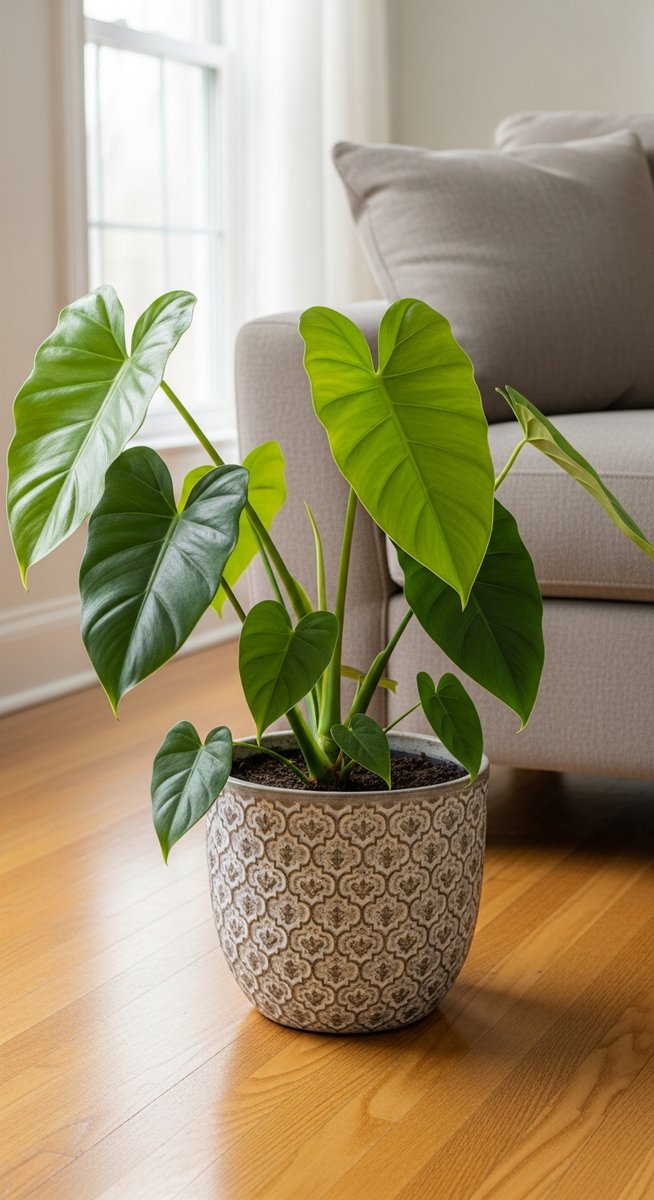 a philodendron plant in a decorative pot on a wooden floor