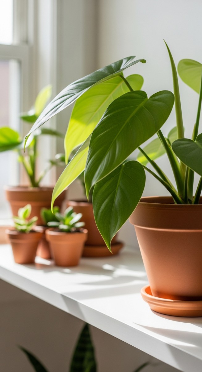 a lush philodendron plant in a terracotta pot on a white shelf