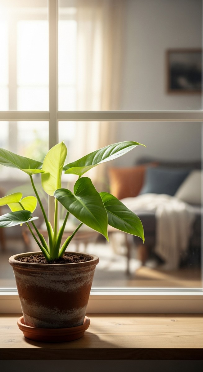 a philodendron plant in a pot near a bright window