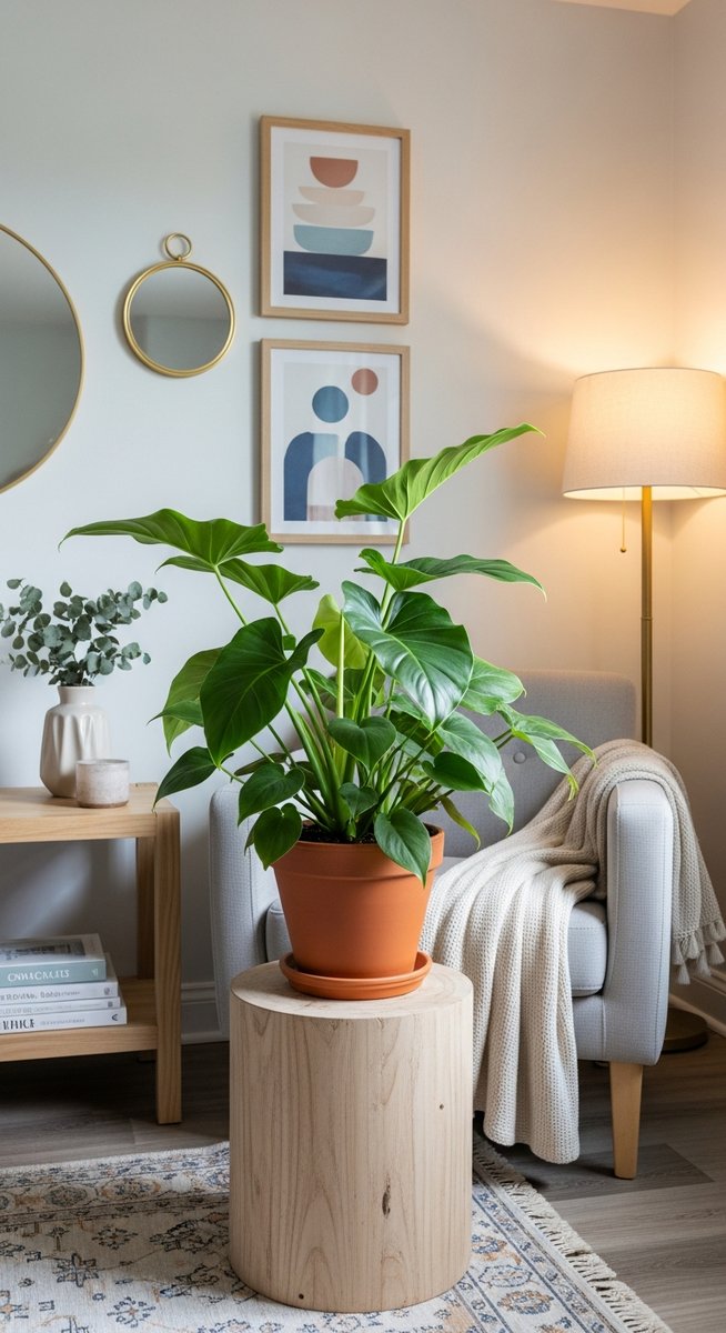 a large thriving philodendron plant as a living room focal point, for philodendron imperial green