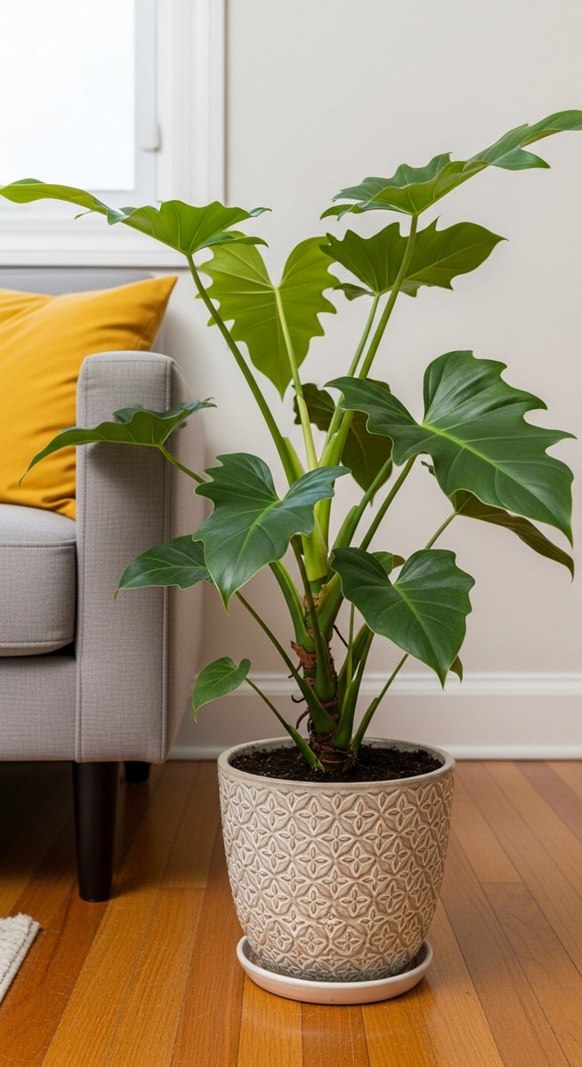 a philodendron plant in a decorative pot on a wooden floor