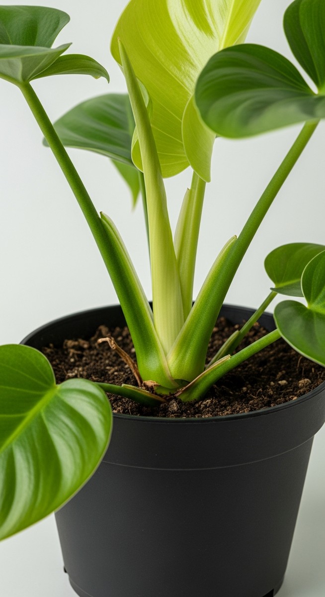 close-up of the base and lower leaves of a philodendron plant, for philodendron imperial green