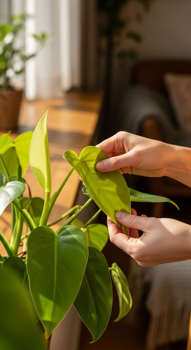 hands touching the leaves of a healthy philodendron plant