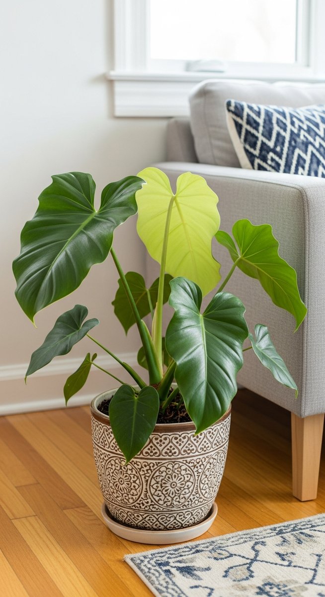 a philodendron plant in a decorative pot on a wooden floor