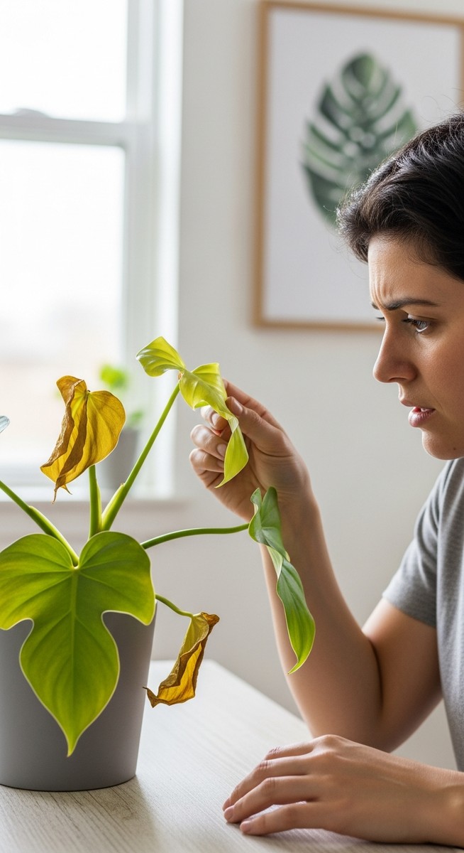 a person examining the curled leaves of a philodendron plant, for philodendron leaves curling