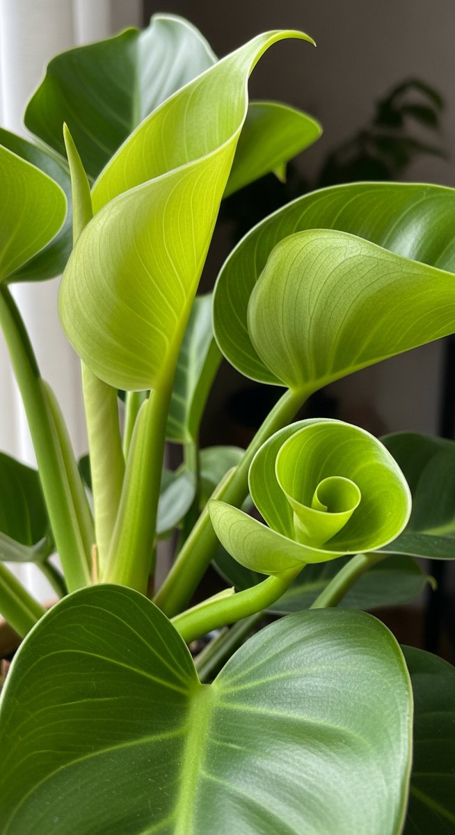 side view of a philodendron plant showing leaves curling upward