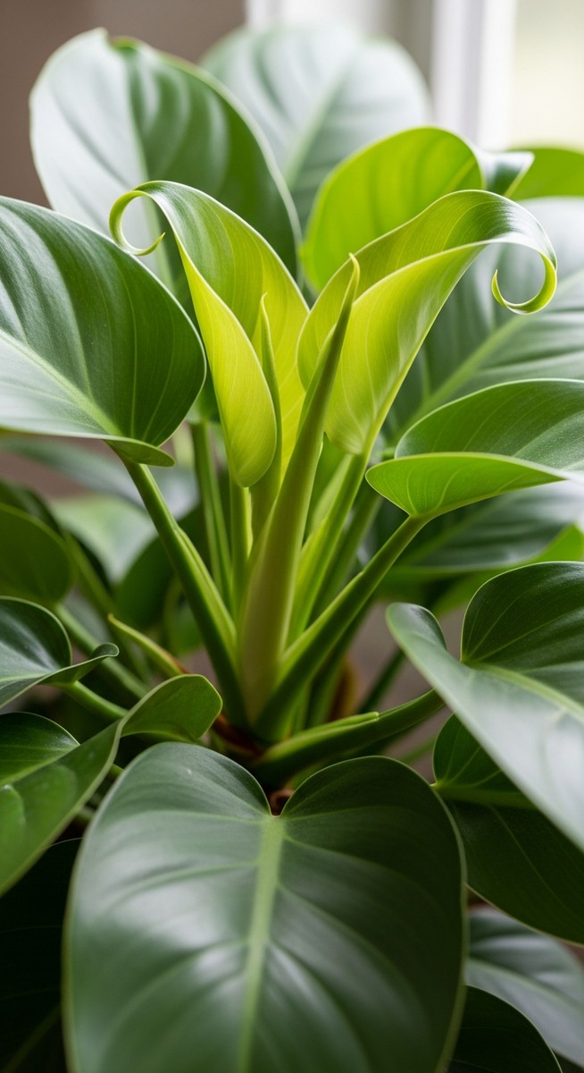 side view of a philodendron plant showing leaves curling upward
