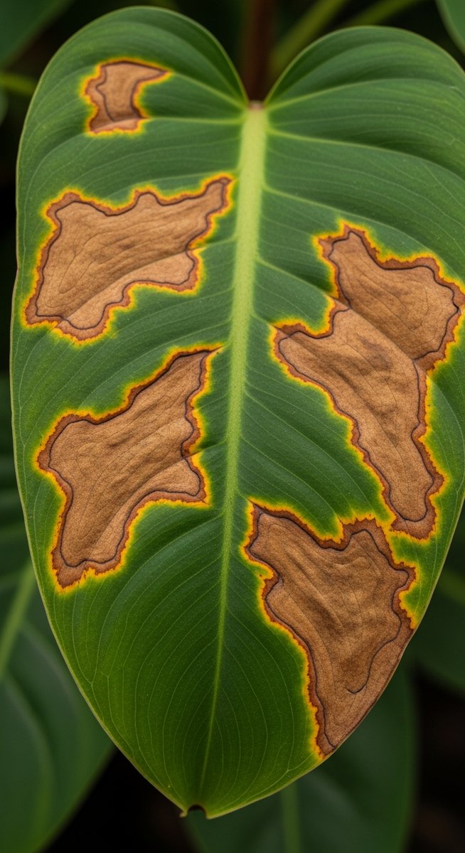 close-up of a single philodendron leaf with brown spots and discolouration, for philodendron leaves turning brown