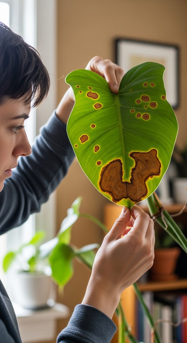 a person inspecting brown spots on a philodendron leaf