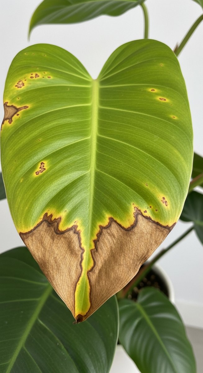 close-up of philodendron leaves showing brown edges and spots, for philodendron leaves turning brown