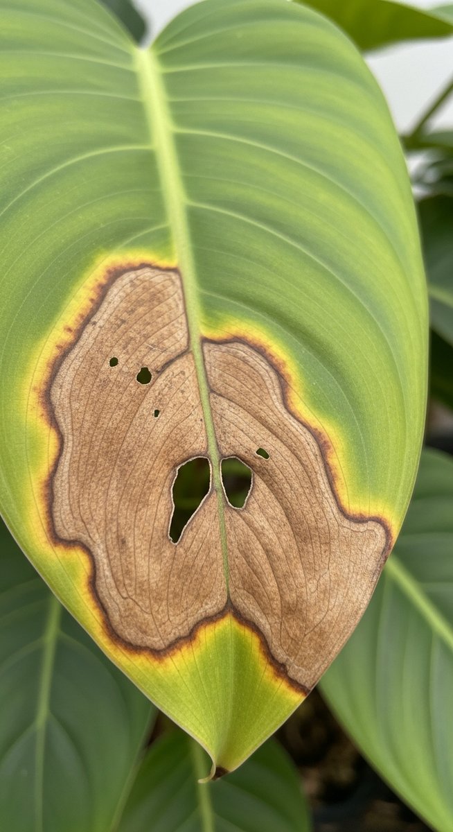 macro close-up of brown spot damage on a philodendron leaf, for philodendron leaves turning brown