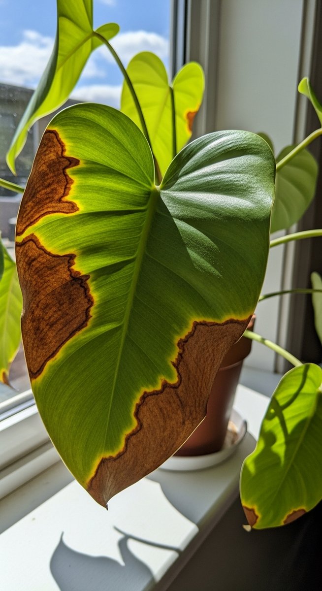 a philodendron plant with brown spotted foliage on a windowsill